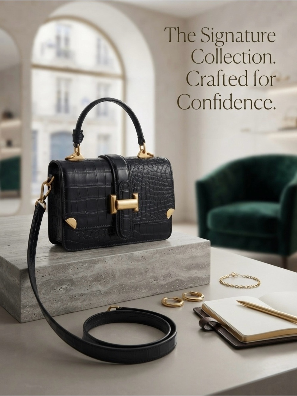 Structured Black Croc-Embossed Top Handle Satchel with Gold Accents